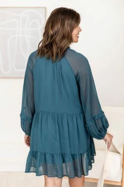 Best Sale 🔔 Pink Lily Happier Than Ever Teal Notched Neckline Mini 👗 Dress FINAL SALE 🎉 -Cheap dresses Store 184330 4 650x