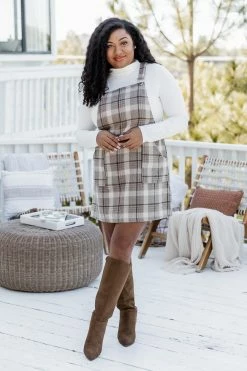 New ✔️ Pink Lily Change In The Air Tan Plaid Jumper FINAL SALE 💯