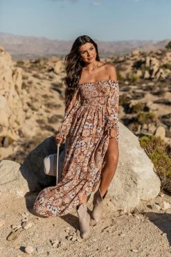 Cheap dresses Store 35 Deals β Pink Lily Porch Swing Kisses Brown Smocked Bust Floral Maxi π Dress β€οΈ