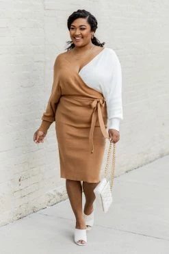 Promo 👍 Pink Lily Do The Unthinkable Brown And Ivory Colorblock Wrap Midi 👗 Dress 🧨 -Cheap dresses Store 184866 6 650x