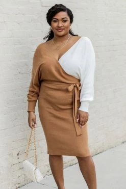 Promo 👍 Pink Lily Do The Unthinkable Brown And Ivory Colorblock Wrap Midi 👗 Dress 🧨 -Cheap dresses Store 184866 9 650x
