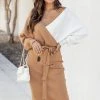 Promo 👍 Pink Lily Do The Unthinkable Brown And Ivory Colorblock Wrap Midi 👗 Dress 🧨