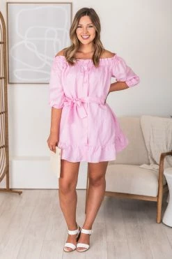 Coupon 😉 CAITLIN COVINGTON X PINK LILY Nantucket Pink Off The Shoulder Button Front Mini 👗 Dress FINAL SALE 💯 -Cheap dresses Store 1K0A1206 650x