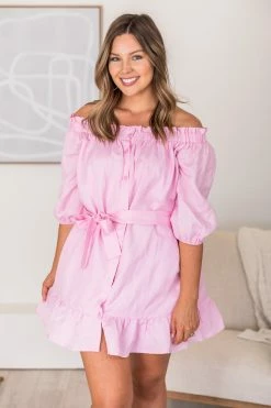 Coupon 😉 CAITLIN COVINGTON X PINK LILY Nantucket Pink Off The Shoulder Button Front Mini 👗 Dress FINAL SALE 💯 -Cheap dresses Store 1K0A1214 650x