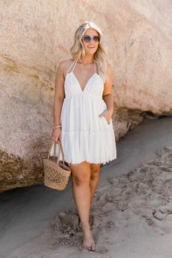 Hot Sale ✨ Pink Lily Runaway Ocean Halter White 👗 Dress FINAL SALE 🤩