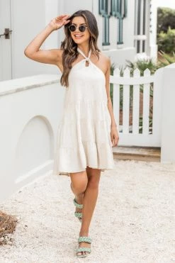 Outlet 🔔 Pink Lily Bittersweet Love Taupe Halter Mini 👗 Dress FINAL SALE 😉