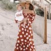 Top 10 🌟 CAITLIN COVINGTON X PINK LILY Bluff Walk Brown Polka Dot Off The Shoulder Maxi 👗 Dress FINAL SALE 💯