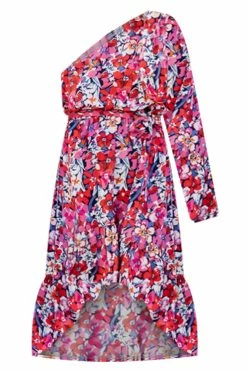 Best Pirce ⭐ Pink Lily Forever Blooming One Shoulder Multicolor Floral Belted High Low 👗 Dress 🧨 -Cheap dresses Store forever blooming one shoulder floral midi dress 650x