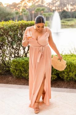 Wholesale ❤️ Pink Lily Show Up Late Peach Knot Satin Maxi 👗 Dress FINAL SALE ❤️ -Cheap dresses Store peachmaxi2 650x