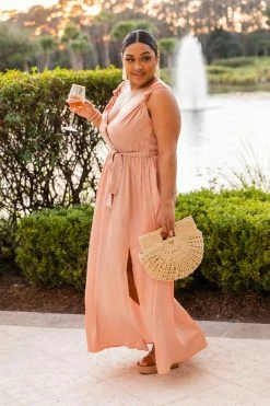 Wholesale ❤️ Pink Lily Show Up Late Peach Knot Satin Maxi 👗 Dress FINAL SALE ❤️ -Cheap dresses Store peachmaxi3 650x